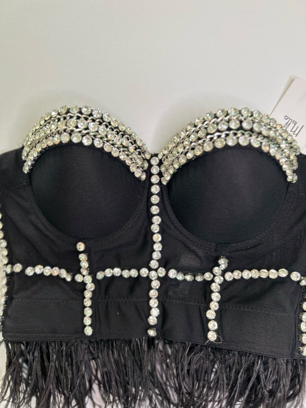 Crystal-Embellished Black Feather Crop Top - Picture 2 of 9